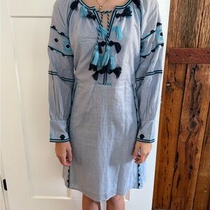 Signature Studio Blue and White Long Sleeve Bishop Sleeve Dress